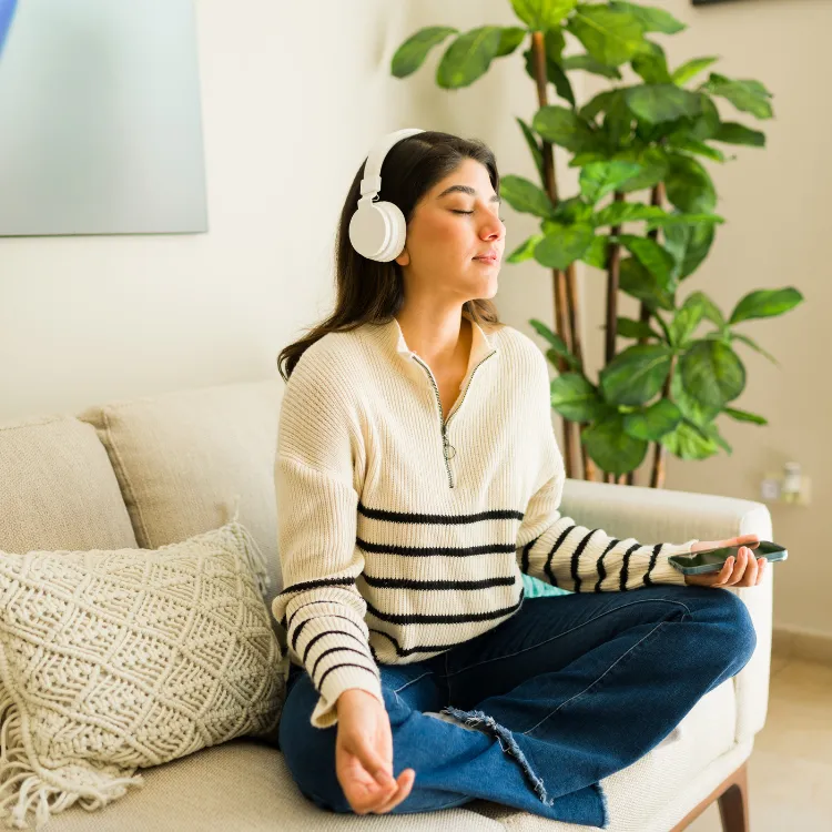 “Woman finding gentle calm with gentle grief support and emotional healing”