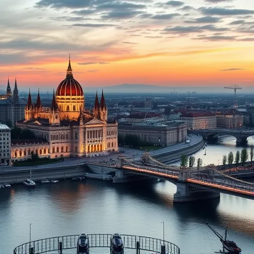 A modern városi panorámaképen Budapest ikonikus nevezetességei, mint a Parlament és a Lánchíd láthatók a háttérben, aranyló naplemente fényében, amely lágyan szórja a város fényeit. A kép központjában egy stylizált, futurisztikus dobozszerű fűtési és klíma berendezés található, génszerű mintákkal és finom digitális mintázatokkal, az intelligencia és hatékonyság szimbolikájaként. Körülötte geometrikus és absztrakt légáramlást ábrázoló hullámok áramlanak kifelé, jelezve a korszerű légtechnológiát. A környezet energikus, mégis nyugodt tónusú, arany, ezüst és sötétkék árnyalatok keverékével, melyek kiemelik a technológiai precizitást és a városi hangulatot. Finom világító digitális kijelzők, hideg fényű LED-sugarak és árnyékok díszítik a látványt, hangsúlyozva az innovatív, magas színvonalú kialakítást. A háttérben stilizált, konceptuális módon jelenik meg Budapest városépítészeti képe, ahol a hagyomány és modernitás találkozik, erős környezettudatosságot tükrözve. A művészeti stílus Conceptual Art, gazdag színárnyalatokkal, futurisztikus egyszerű formákkal és mintázatokkal, hangsúlyozva a technológia és az energia összetett, mégis harmonikus kapcsolatát a város ikonikus környezetében, minimalista, inspiráló vizuális élményt teremtve.