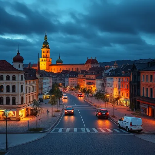 A hyperrealisztikus kép Kecskemét városának élénk és hangulatos belvárosi részét ábrázolja naplementekor, ahol díszes és modern épületek harmonikusan találkoznak a háttérben, felhőkarcolók sziluettjei narancssárga és rózsaszín árnyalatú égbolton. A kép előterében egy szimbolikus, álomszerű jelenet látható: egy hatalmas, áttetsző holografikus felület, amely digitalis kalkulációkat, újratölthető klíma- és fűtési rendszerek részletes ábráit mutatja, villogó energianyilak és dinamikusan változó színes energiaáramok között. Kisebb, futurisztikus, minimalista klíma- és fűtőegységek lebegnek, miközben finoman megvilágított, apró betűkkel a „Kecskemét” felirat jelezhető a központban, hangsúlyozva a város technológiai fejlődését. A jelenet összefonódik a fenntarthatóságot és az innovációt hangsúlyozó modern városi környezettel, panelokkal, napelemes tetőkkel és finom fényekkel, amelyek a technológia hatékonyságát és a nyugodt, inspiráló atmoszférát erősítik. A gazdag színpaletta meleg földszínekből áll, hangsúlyozva a megbízhatóságot és a fejlettséget, összetett és professzionális formában ábrázolva Kecskemét jövőképét, ahol a városi energiahatékonyság és az innováció harmóniában van.
