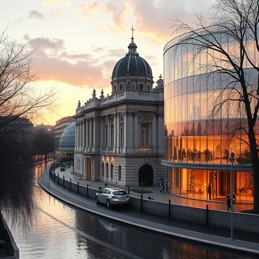 Vizuálisan dinamikus, modern épület előtt elterülő fenntartható energia és klímatechnológia jelenik meg a képen, ahol a tetőn napelemek és zöld növények váltogatják egymást, hangsúlyozva az energiahatékonyságot és a környezetbarát megoldásokat. A homlokzat dús növényzettel borított, amely kiemeli a fenntarthatóságot. A háttérben Budapest ikonikus épületei, például a Parlament és a Gellért-hegy finoman elmosódott formában láthatók, miközben az esti fények városszerte ünnepélyes, meleg fényt árasztanak, hangsúlyozva a város szépségét és történelmi értékeit. A kép hangulata inspiráló és reményteli, nyugodt színárnyalatokkal, mint élénk zöldek, kékes színek és meleg sárgák, amelyek harmóniában vannak egymással, és a fenntartható városfejlesztés pozitív üzenetét közvetítik. A központi elemek stilizált, geometrikus energiaáram-formák, amelyek szellemesen összefonódnak a növényzettel és a várossal, futurisztikus, szimbolikus érzést keltenek. A VisionaryArt stílusú kép élénk színekkel és futurisztikus formákkal hangolja össze az innovációt a természetes környezettel, kiemelve a környezetbarát technológiák támogatását és a fenntartható energia korszakát. A műalkotás Budapest városképében az energiahatékonyság és a természet harmóniáját szemlélteti, reményt és lehetőséget sugározva, nyugodt és összhangban lévő látványt nyújtva.
