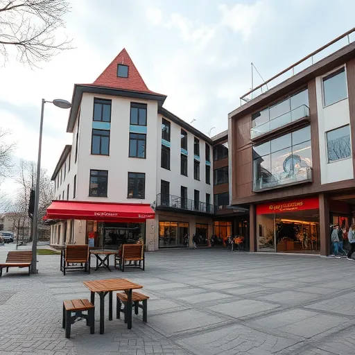A busy urban street scene featuring a modern, eye-catching building decorated with colorful, dynamic graphic elements that subtly reference heating and air conditioning systems. The building's facade displays playful integration of large, stylized keywords related to climate control, blending seamlessly with the design. In the background, a sunset with soft orange and blue hues beneath low clouds creates a calm, inviting atmosphere. The building's windows emit gentle light, symbolizing innovation, reliability, and comfort, complemented by modern architectural details. Hidden within the cityscape are stylized icons of heating and cooling devices, such as pipes, air conditioners, and radiators, artistically integrated into the environment to highlight their relevance. The realistic style employs a warm, friendly color palette that conveys professionalism, trustworthiness, and a sense of cozy modernity. Harmoniously combining natural and contemporary elements, the scene evokes trust and interest among local residents, filling the image with a welcoming, engaging, and uniquely vibrant atmosphere.