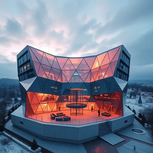 A futurisztikus, automatikus légkondicionáló és fűtési rendszer modern, geometrikus hexagonális és hosszúkás formákban rendezett, élénk kék, ezüst és fehér színárnyalatokban. A rendszer a jövő technológiáját hangsúlyozza, míg a háttérben látványos Szolnok városképe modern felhőkarcolókkal, víztoronnyal és történelmi épületekkel harmóniában, egyensúlyt teremtve a high-tech építészeti elemek és a városi környezet között. Az egyik sarokban finoman lebegő, áttetsző légfüggöny vagy hőhíd hálózat finom mintázata utal a rendszer hatékonyságára. A naplemente narancsos és piros árnyéka ambient hangulatot kölcsönöz a képnek, míg a fény-árnyék kontraszt hangsúlyozza a geometrikus absztrakt építészeti elemeket. A kép a 'Futurism' művészi stílus jegyeit viseli magán, minimalista, látványos és professzionális kialakításban, kiemelve a technológia jövőbe mutató szerepét, egységet teremtve a város és az energiarendszer között. Ez a reklámfotó hangsúlyozza egy vezető fűtés és klíma cég innovatív jövőképet képviselő technológiáját Szolnokon.