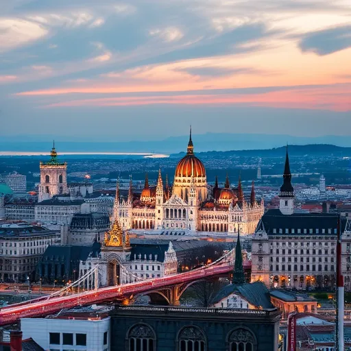 A modern, high-tech szerelőhelyen dolgozó szakemberek dolgoznak városi környezetben Budapesten, ahol színes, ipari stílusú csövek, radiátorok és légkondicionáló egységek rendezetten, mégis dallamos káoszban húzódnak a rusztikus, sötét tónusú háttéren. A háttérben a Duna és a város ikonikus épületei elmosódva, sugárzó fényben rajzolódnak ki az horizonton. A kép életre kel az ArtBrut stílusban, élénk, de kissé nyomasztó színekkel, mint a fekete, vörös és homokszín, hangsúlyozva a szakmai precizitást és Budapest vibráló szellemét. Kifejezetten figyelemre méltók a kézi, lazán alkalmazott ecsetvonások, amelyek durva textúrát adnak a felületnek, festői snobbizmust kölcsönözve a képnek. Apró, szokatlan művészi elemek fedezhetők fel, például szürreális légáramlás-szimbolikák vagy futurisztikus légtechnikai eszközök finom kidolgozással, hangsúlyozva a technológia és a művészet kapcsolatát. A háttérben láthatók városépületek, járművek és a felhős égbolton úszó modern felhőkarcolók, melyek egy lendületes, modern és művészi hangulatú környezetet teremtenek, tökéletesen illeszkedve a kereskedelmi fűtés és klíma szakma releváns, ugyanakkor művészi és dinamikus megjelenéséhez.