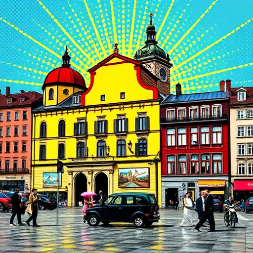 Színes popart stílusú borítókép a "Fűtési és klíma javítás Kecskemét" témájában, központi elemként egy lendületes, színes, stilizált szerelőfigurát ábrázol, aki egy mintás overálban és egy fali hőtérképpel díszített sisakban látható. A figura színhű szerszámokat tart, miközben a hátterében egy modern Kecskemét városkép látható, élénk színekkel, naplemente fényeitől ragyogó épületekkel, színes ablakokkal. A háttér részletei között kiálló csövek, radiátorok és klimatizálók rajzai jelennek meg, melyek játékos módon ötvöződnek a popart vizuálisan élénk színpalettájával. Az összhatás dinamikus és barátságos hangulatú, ahol a technológiai eszközök és a város nyugalma találkozik, élénk sárga, türkizkék, narancs és lila árnyalatokkal. A kép szimmetrikus, de mozgásban gazdag, játékos energia sugárzik belőle, mintha egy modern művészi festmény lenne, mely könnyedén megragadja a figyelmet és invitál a fűtés és klíma javítás világának felfedezésére Kecskeméten.