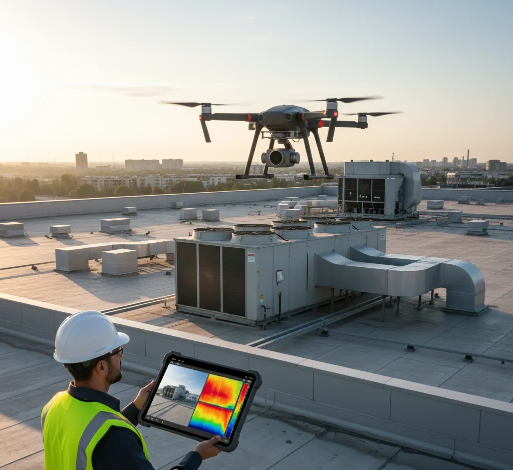 Egy drón egy nagy épület tetején lévő, összetett HVAC rendszer felett lebeg, miközben egy szakember a földön, egy tableten figyeli a hőkamerás felvételeket. A kép modern és professzionális hangulatú.