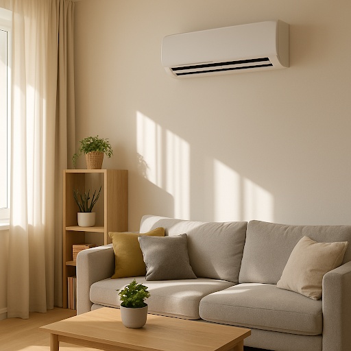 Energiahatékony, falra szerelt légkondicionáló berendezés, amely modern lakásbelsőt hűt.