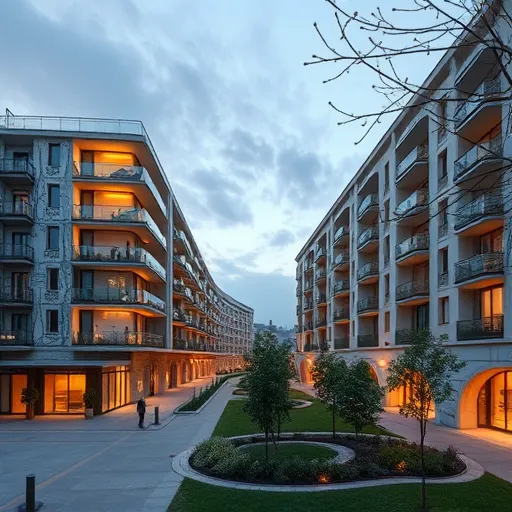 Realisztikus kép egy modern, kisvárosi társasházról Debrecen városi környezetében, mely kiemelkedően részletes épületépítészeti elemekkel rendelkezik. A középpontban található egy energiatakarékos, zöldtetős épület napkollektorokkal és napernyőkkel a tetején, valamint mögötte egy terasz, amit zöld növények borítanak. Az épület körül barátságos sétányok és nyugodt parkosított zöldfelületek terülnek el, ahol színes virágok és bokrok színes kavalkádja mutatkozik. A háttérben Debrecen ikonikus épületei, például a református nagytemplom sziluettje látható, enyhén felhős, kék ég alatt, mely finoman feltárja a nap világítását. A meleg színek harmonizálnak a nyugodt, professzionális hangulattal. Az épület modern technológiai megoldásokat alkalmaz, mint a napelemes rendszer és hatékony klímaberendezések, finoman kiemelve a fenntarthatóságot és innovációt. A jelenet természetes, meleg föld- és földszínárnyalatokkal készült, melyek egy biztonságos, fenntartható és korszerű életmódot sugallnak, ideális családi vagy közösségi élethelyzetekhez, környezetbarát lakókörnyezetben.