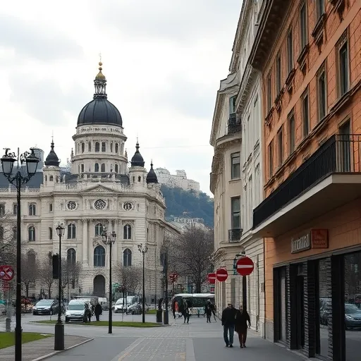 A nyíregyházi városi panoráma látható, melyen ikonikus épületek, például a Széchenyi utca és a Kossuth tér szerepelnek, háttérben elmosódva ipari parkok és gyárak láthatók. A kép elöl nagy, modern HVAC rendszerek, mint csővezetékek, hűtőberendezések és fűtőkamrák szegélyezik a városi környezetet. A kompozíció központi részét egy díszes, szentélyszerű keresztény szobor vagy szentély alkotja, amely a keresztény művészet hangulatát idézi. A művészi stílusban gazdag kép arany és mézszínű díszítésekkel, faragásokkal, ornamentikákkal van díszítve, amelyek a Byzantine Art ihletésével egyesítik a klasszikus művészeteket a modern ipari környezettel. A színpaletta meleg árnyalatokat - arany, sárga, sötét barna és zöld - alkalmaz, hangsúlyozva a megbízhatóságot, stabilitást és luxust. A kép a technológia szilárdságát és biztonságát sugárzó, ugyanakkor nyugodt és barátságos hangulatot áraszt, kiemelve az ipari és kulturális elemek együttes összhangját egyedülálló, időtlen vizuális élményt nyújtva.