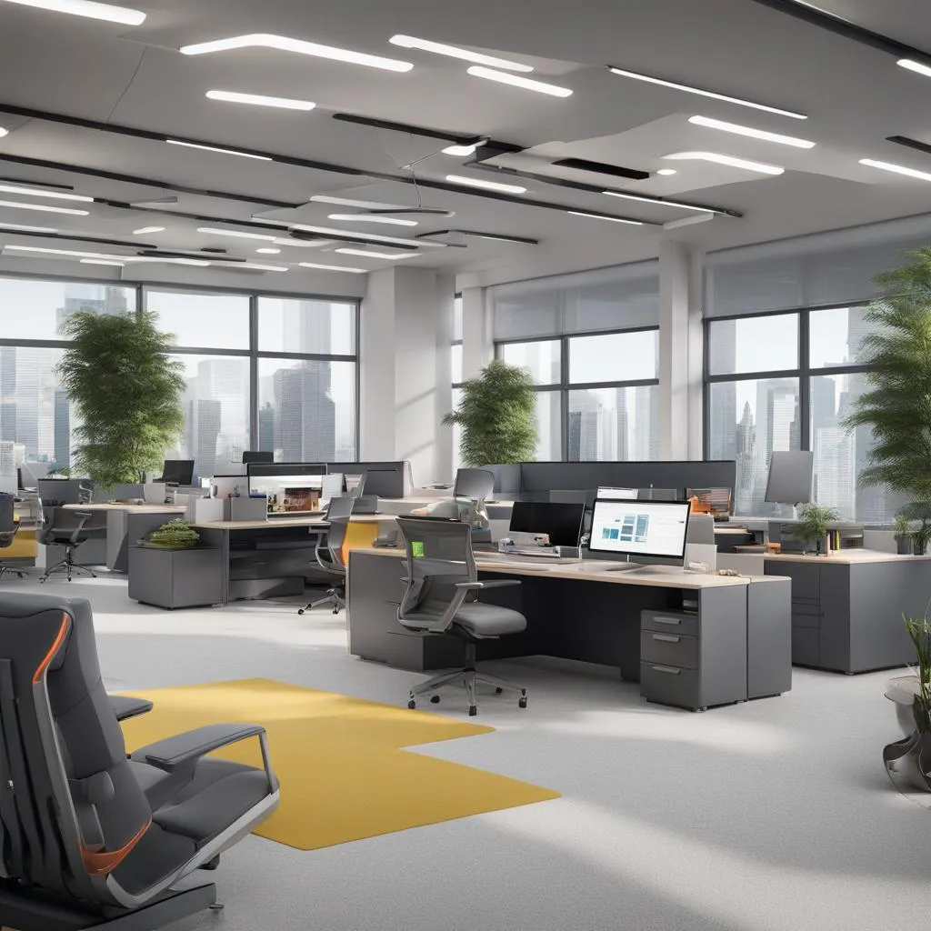 mage Description for "A state-of-the-art office setup highlighting advanced AI technology": Overall Setting: An upscale, modern office environment filled with sleek furniture and abundant natural light filtering through large windows. The color scheme is neutral with pops of color, leaning towards a futuristic design. Key Elements: Workstations: High-tech computer setups with multiple monitors displaying AI algorithms and real-time analytics. Each station should have an ergonomic chair and a desk equipped with built-in wireless charging ports. Voice-Activated AI Assistant: A speaker-like device on one of the desks, serving as a hub for voice commands to control various office functionalities. AI-Enabled Smartboard: A large smartboard on one wall displaying interactive data visualizations. Robotic Assistants: Small robots with wheels or hover technology assisting with tasks like document delivery or serving coffee. Video Conferencing Setup: A high-quality camera and microphone setup, possibly with a green screen backdrop for virtual backgrounds, indicating AI-enhanced video conferencing capabilities. Facial Recognition Security: A door or entryway with a facial recognition scanner for secure access. Augmented Reality Interface: A set of AR goggles next to a workstation, suggesting the use of augmented reality in daily operations. Automated Inventory System: A shelving unit with products or supplies, featuring small labels or screens indicating real-time tracking through AI. Final Touches: Subtle indications of a sustainable environment, like potted plants or a recycling station, to imply that the advanced technology is also eco-friendly. Digital clocks on the wall showing global time zones, suggesting a globally connected workspace