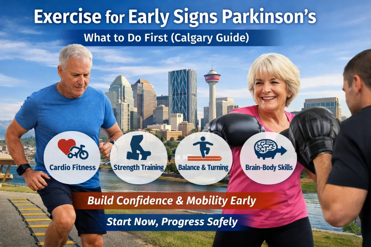 Older adults training in a gym with overlay icons explaining progress measures for Parkinson’s exercise—mobility/turning, balance, strength, and walking confidence—tracked from baseline to re-test.
