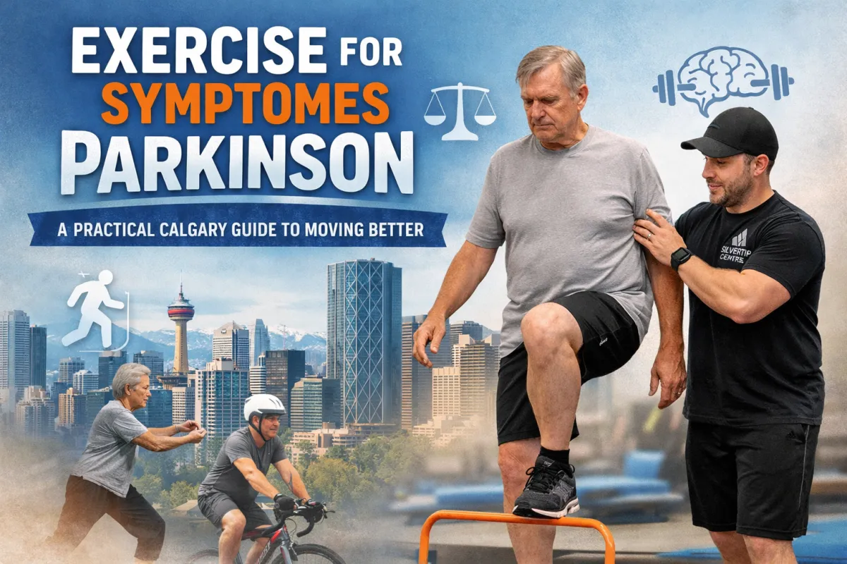 Silvertip-style Parkinson’s exercise poster: coached step training, Calgary skyline, focus on gait and balance.