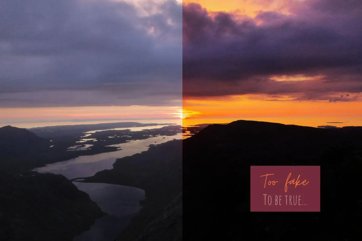 A sunset image, half true to life and half with saturated colours
