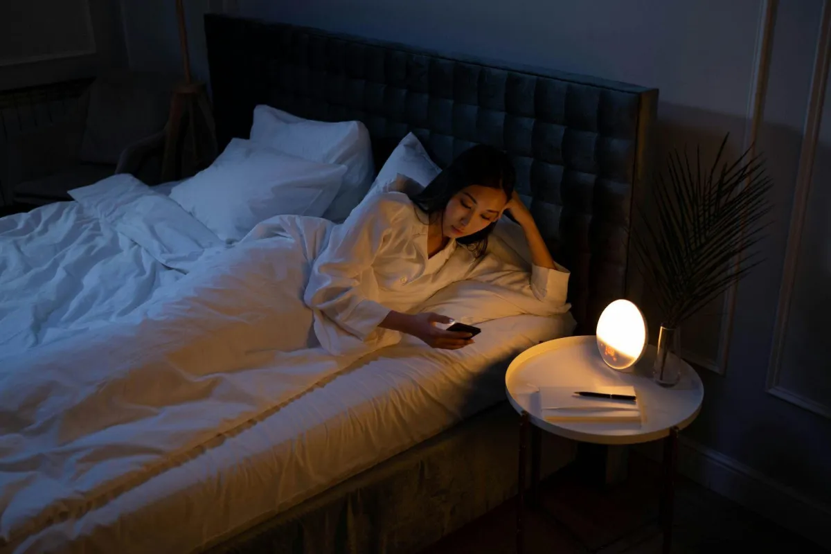 Woman in bed on phone