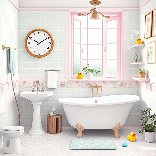 Alt text: A sophisticated Art Deco scene showing professional bathroom contractors at work in a modern upscale bathroom in Edison, New Jersey. The image features a stunning freestanding bathtub beneath a large geometrically patterned window with a classic Art Deco sunburst motif. Surrounding the bathtub are luxurious fixtures, including a vintage-inspired sink with intricate gold accents and a striking mahogany-framed mirror with a sleek geometric design. The mood is professional yet inviting, highlighted by a stylishly arranged artistic mosaic of tiles in the background. A playful rubber duck floats atop the bathtub, adding a light-hearted touch to the opulent setting. A small Edison light bulb pendant hangs above the sink, providing a warm glow. The background is composed of sleek muted colors like deep navy and gold, enhanced by soft white lighting that creates a refined atmosphere. This blend of classic Art Deco style with modern and local elements exemplifies the essence of professional bathroom contracting in Edison, attracting potential clients with its elegant charm.