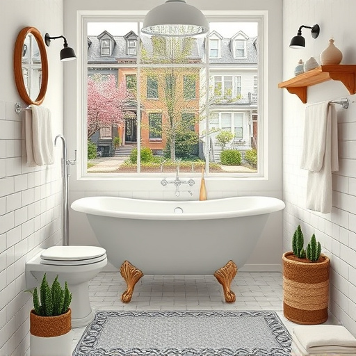 Alt text: A visually striking 'Before and After' luxury bathroom remodel, illustrated in High Renaissance style. The left side shows a dated, cramped bathroom with worn tiles, faded wallpaper, and an old clawfoot tub in muted beige and pale green shades, creating a neglected atmosphere. The right side reveals a luxurious, spa-like bathroom featuring a spacious walk-in shower with intricate marble details, an elegant freestanding tub, and a bright chandelier, all in rich jewel tones of deep blue and gold. The transition includes whimsical elements like a playful rubber duck in the tub on the left, contrasting with a serene arrangement of scented candles and fresh flowers on the right, symbolizing renewal. Ornate molding and lush greenery visible through frosted windows enhance the sophisticated and inviting mood of the image, highlighting the remarkable transformation from classic to modern elegance.