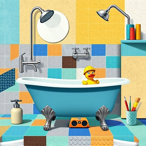 A modern bathroom design featuring a mosaic tile pattern with sleek fixtures illuminated by ambient lighting. The centerpiece is a luxurious freestanding bathtub surrounded by lush greenery, including a small indoor plant, creating a serene oasis. A playful rubber duck sits on the bathtub's edge, accompanied by a whimsical geometric shower curtain that adds a creative flair. In the background, a well-organized workspace showcases the craftsmanship of renovation, with tools such as tile cutters and levels neatly arranged. The soothing color palette of soft blues and greens is contrasted by warm gold and earthy brown accents, evoking tranquility while conveying a sense of professionalism and inviting comfort.