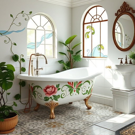 A serene bathroom scene showcasing a walk-in shower installation in Woodbridge, New Jersey. The image features a gracefully arched Renaissance-style shower enclosure with intricate tile designs, highlighting classical elegance. Soft, flowing water cascades from an elegantly designed showerhead, adding to the tranquil atmosphere. Lush greenery is visible through a frosted window, enhancing the peaceful environment. Playful rubber ducks float in the pristine glass shower, introducing a whimsical element to the sophisticated setting. The color palette includes soft earth tones, gentle blues, and muted greens, promoting a calm mood while allowing the detailed tiles and fixtures to stand out. Warm, inviting lighting casts soft shadows, emphasizing the textures of the materials. This composition blends Renaissance beauty with modern design, serving as an engaging cover image for a blog about shower installations.
