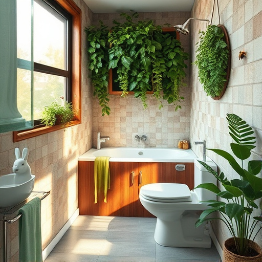 Alt Text: A sophisticated Art Deco-inspired bathroom featuring a luxurious walk-in shower framed by intricate geometric chrome patterns and elegant glass doors. The interior showcases shimmering glass mosaic tiles in aqua and sand shades. Plush bath towels in muted teal and cream are stylishly arranged, complemented by vibrant potted plants adding a natural touch. In the background, a beautiful marble sink with bold Art Deco lines is adorned with classic toiletries, a vintage-style razor, and a quirky rubber duck wearing sunglasses, creating a serene and indulgent spa-like atmosphere. The color palette combines soft whites, luxurious gold accents, and cool blues, making the space harmonious and inviting.