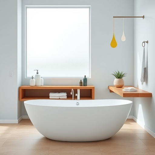 An eco-friendly bathroom renovation featuring a center wooden bathtub crafted from reclaimed wood, artistically positioned on a mosaic tile floor made from recycled materials. The serene ambiance is enhanced by lush greenery, including hanging ferns and potted succulents, bringing vibrant life to the space. Natural light streams through a large frosted window, creating soft shadows that promote a calm atmosphere. Unique elements, such as a vintage ladder repurposed as a shelf for organic bath products and a soap dispenser made from a repurposed glass jar, emphasize sustainable choices. The walls showcase elegant nature-inspired murals in the High Renaissance art style, blending the beauty of nature with sophisticated luxury. The color palette features soft earth tones—muted greens, warm browns, and gentle creams—inviting viewers into a tranquil sanctuary of relaxation and sustainability.