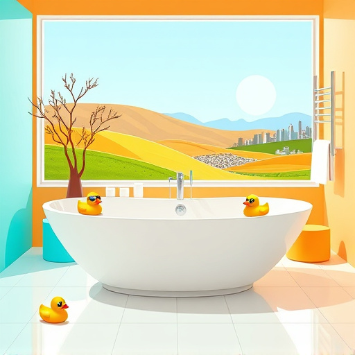 Alt text: An Impressionist-style cover image depicting a serene bathroom, featuring elegant tiles that reflect soft light. The scene includes a modern classic bathtub filled with vibrant flowers floating on the water, complemented by lush greenery visible through a window overlooking a tranquil garden. The mood is professional yet inviting, embodying reliability and comfort. Whimsical rubber ducks of various sizes and colors interact playfully with a small fountain, symbolizing fun within a professional setting. The color palette consists of soft blues and greens for tranquility, accented by warm yellows and corals, all rendered in fluid, loose brushstrokes. The atmosphere conveys trust and relaxation, appealing to potential clients seeking bathroom contractors in Bayonne, New Jersey.