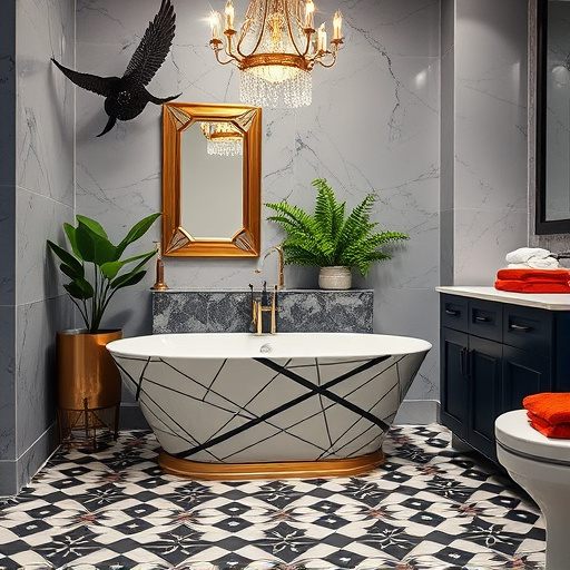 A luxurious bathroom in Paterson, New Jersey, featuring a freestanding soaking tub with vintage brass faucet, surrounded by lush plants for a spa-like feel. The textured deep teal walls display intricate tile work and gold accents, emphasizing opulence. Soft light from a large window illuminates the rich materials, creating playful shadows. A minimalist floating vanity is topped with artisanal ceramic vessels and rolled towels, enhancing the inviting atmosphere. The unique mosaic floor, comprised of mismatched colorful tiles, adds a quirky element to the sophisticated design. An oversized abstract painting in vibrant hues, including gold, emerald green, and deep navy, serves as a focal point, while vintage architectural features like exposed brick and softened wooden beams enrich the ambiance.