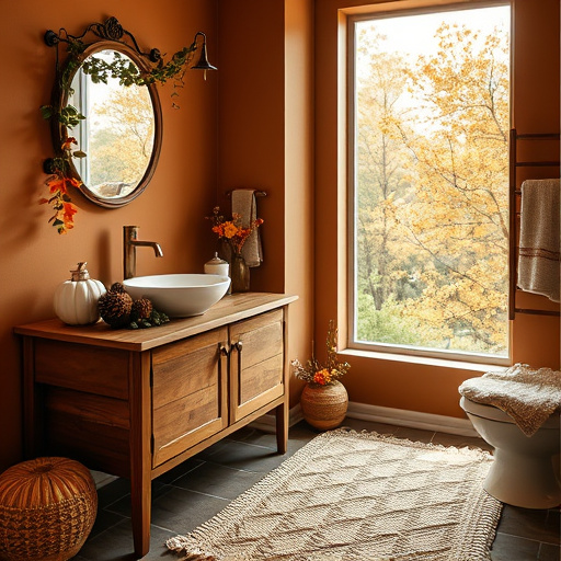 A vibrant and dynamic bathroom remodeling scene featuring an array of innovative fixtures and stylish designs that reflect modern trends. The scene is anchored by a sleek, freestanding bathtub with an artistic, swirling mosaic pattern, surrounded by shimmering tiles that catch light playfully. Floating vanities made from reclaimed wood showcase contemporary sinks in intricate geometric shapes, contrasting with polished chrome faucets. A large circular mirror enhances the luminous environment, framed by soft greenery in the corners, contributing to a calming, spa-like atmosphere. Quirky details like playful rubber duck figurines in the tub, a whimsical shower curtain with abstract designs, and stylish, eco-friendly accessories add charm. The background displays an open and airy space, with soft pastel walls that evoke warmth and tranquility, and a futuristic iridescent floor. The rich color palette of blues, greens, and soft yellows conveys freshness and serenity, inspiring viewers to envision their ideal bathrooms in this innovative remodel.
