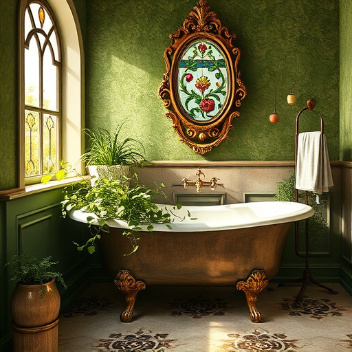 Alt Text: Cozy and stylish bathroom design featuring a chic freestanding bathtub under a large window with an urban view, showcasing a blend of modern and vintage tiles reflective of Queens, New York's diverse neighborhoods. Surrounded by vibrant plants and colorful floral designs, the scene conveys a calm and inviting mood with playful elements like a whimsical shower curtain depicting local landmarks and a doormat with a subway map illustration. The background features a warm pastel watercolor wash and colorful Tachisme splashes, creating a relaxed yet stylish ambiance that captures the spirit of Queens and current regional bathroom design trends.
