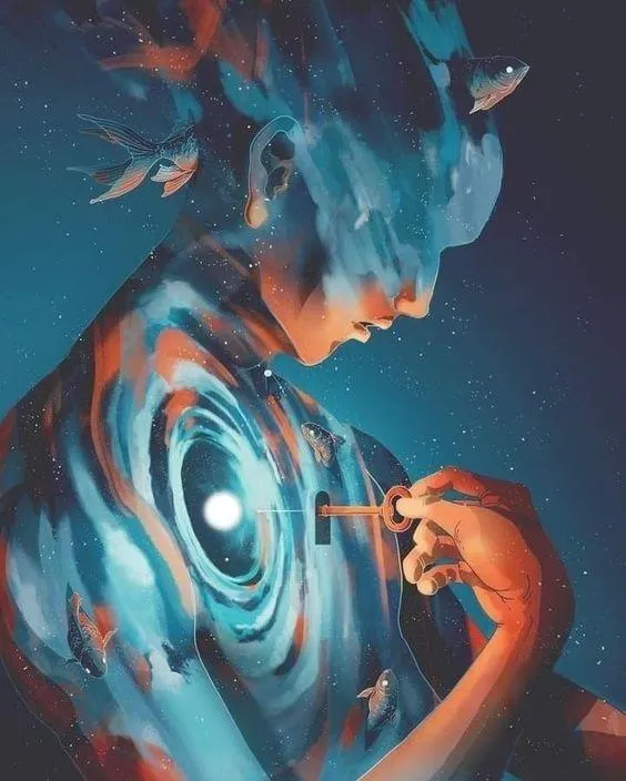Mystical woman releasing butterflies from cosmic spiral representing transformation and letting go