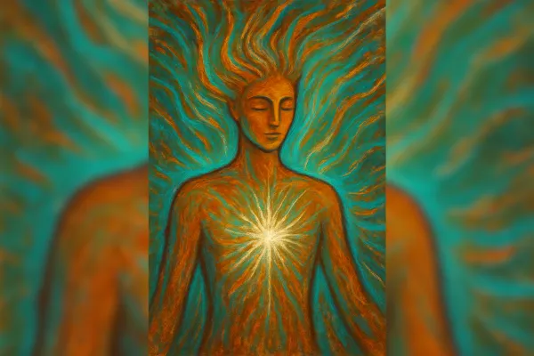 A vibrant, ethereal painting of a human figure with eyes closed, radiating a sense of calm and introspection. The figure is painted in warm earthy tones of burnt orange and brown, with turquoise and teal highlights swirling around the body and head like energy waves.