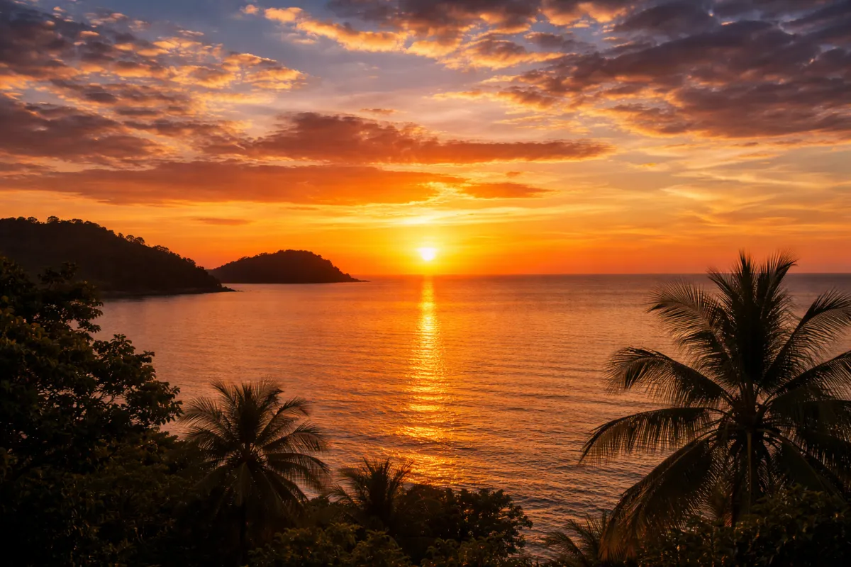 Orange-and-gold sunset over the Andaman Sea in Langkawi, Malaysia, with the sun sinking at the horizon.