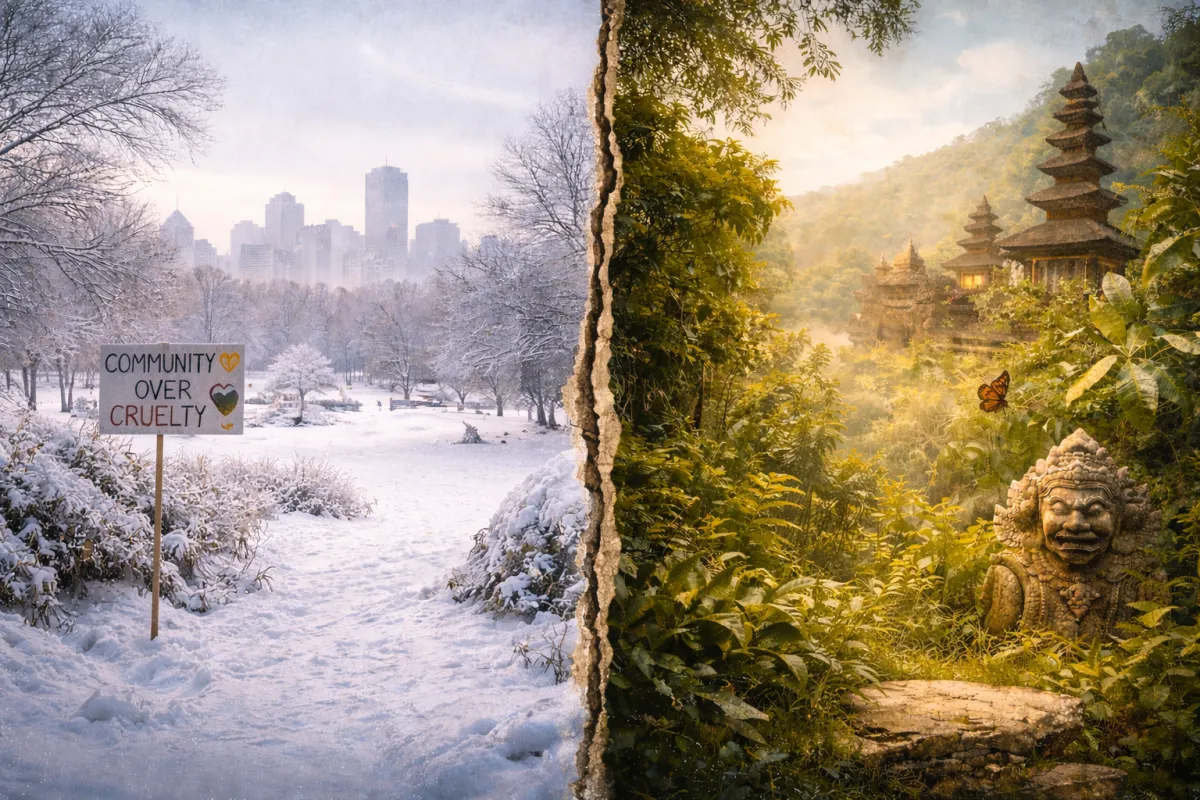 Split landscape showing two contrasting environments: on the left, a quiet snow-covered park with bare trees, a distant city skyline, and a handmade sign reading ‘Community Over Cruelty’; on the right, a lush green jungle with warm golden light, dense foliage, a stone guardian statue, and layered temple structures emerging from mist.