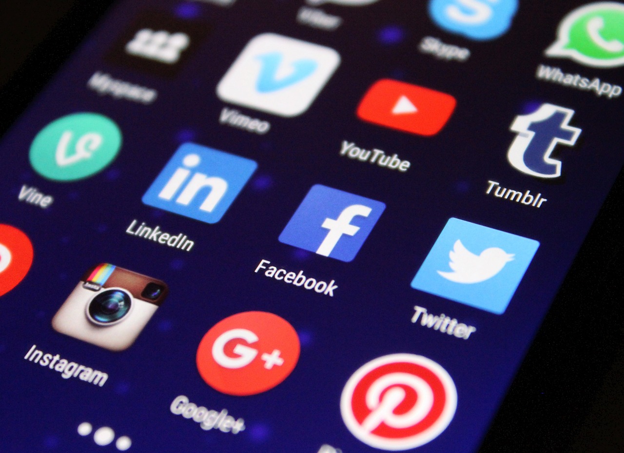 Close-up of a smartphone screen displaying various social media app icons, including LinkedIn, Facebook, Twitter, Instagram, Google+, Pinterest, Vine, Vimeo, YouTube, Tumblr, Skype, and WhatsApp on a dark background.
