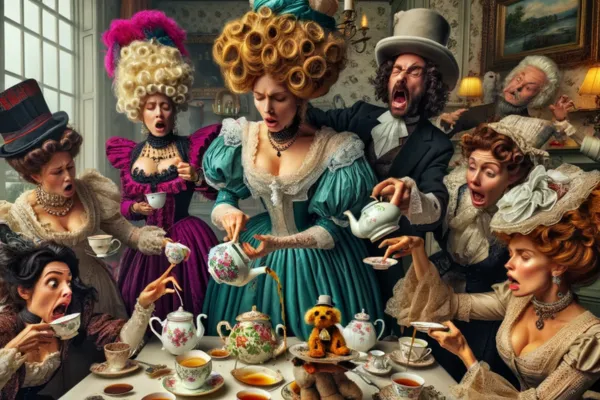 AI image of victorian woman pouring tea to an angry crowd