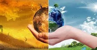 hand holding a globe showing the before and after impact of climate change