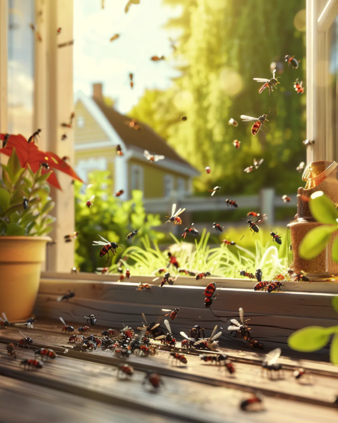 An Image featurig alot of Insects flying inside the window