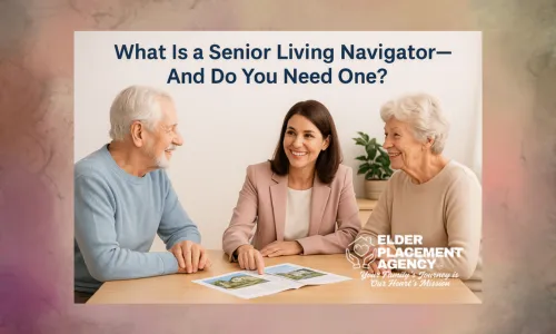 A smiling female advisor in a pink blazer sits at a table with an elderly man and woman, pointing to a brochure. The elderly couple looks engaged and happy, with natural light and a potted plant in the background, creating a warm and supportive atmosphere.