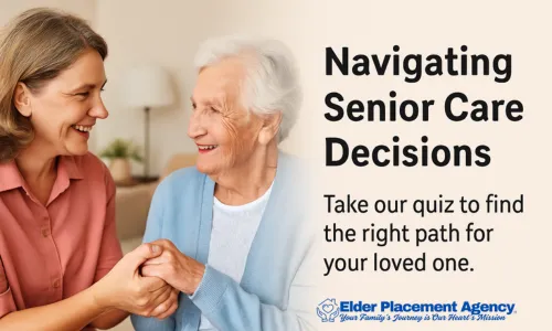 A compassionate caregiver holding hands with an elderly individual, both smiling, set against a warm, homely background.
