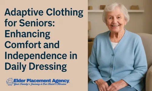 A smiling senior woman comfortably dressed in adaptive clothing, sitting in a cozy living room setting.