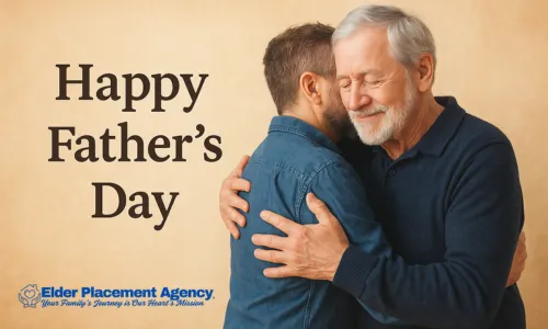 A touching Father’s Day image of an elderly father and adult son sharing a warm embrace. The background is a soft beige tone with 'Happy Father’s Day' centered safely on the left.