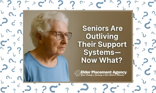 Elderly woman with white hair and glasses looks concerned as she gazes downward, wearing a light blue shirt against a neutral background. The image features bold text: “Seniors Are Outliving Their Support Systems—Now What?” with the Elder Placement Agency logo beneath. Framed by a patterned border of blue question marks, the graphic emphasizes the growing issue of senior isolation and the need for proactive elder care planning in Central Florida.