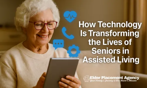 Smiling senior woman with white curly hair and red glasses sits on a beige sofa, using a tablet device. Blue technology icons for health monitoring, phone calls, messaging, and settings float beside her. Bold white text reads, “How Technology Is Transforming the Lives of Seniors in Assisted Living,” with the Elder Placement Agency logo at the bottom. Represents innovation, digital tools, and tech solutions enhancing safety, communication, and quality of life for seniors in Central Florida assisted living communities.