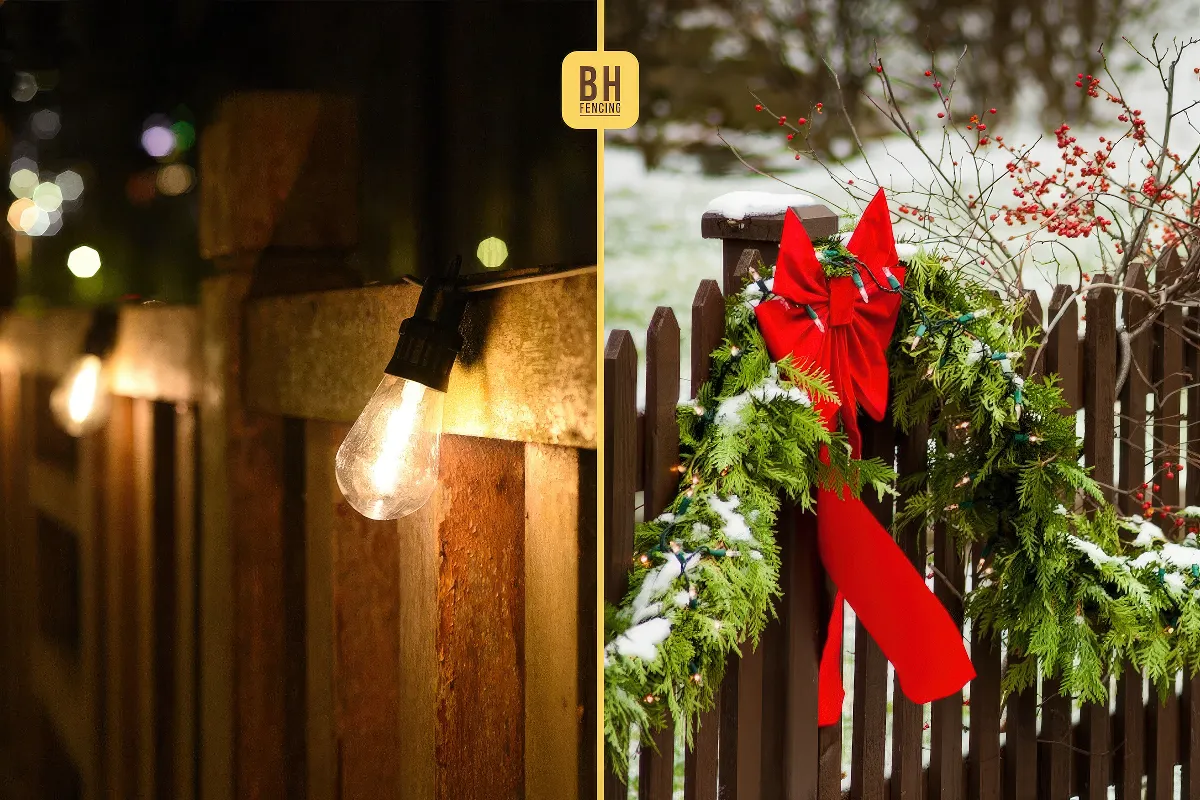 Lights covering a fence and christmas decoration on a wooden fence with BH Fencing logo