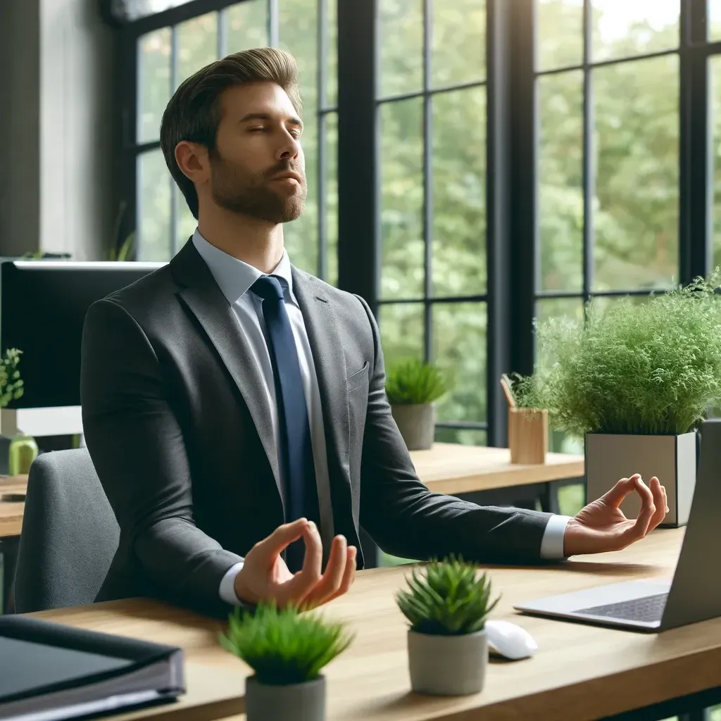 Man practicing meditation at his office desk.