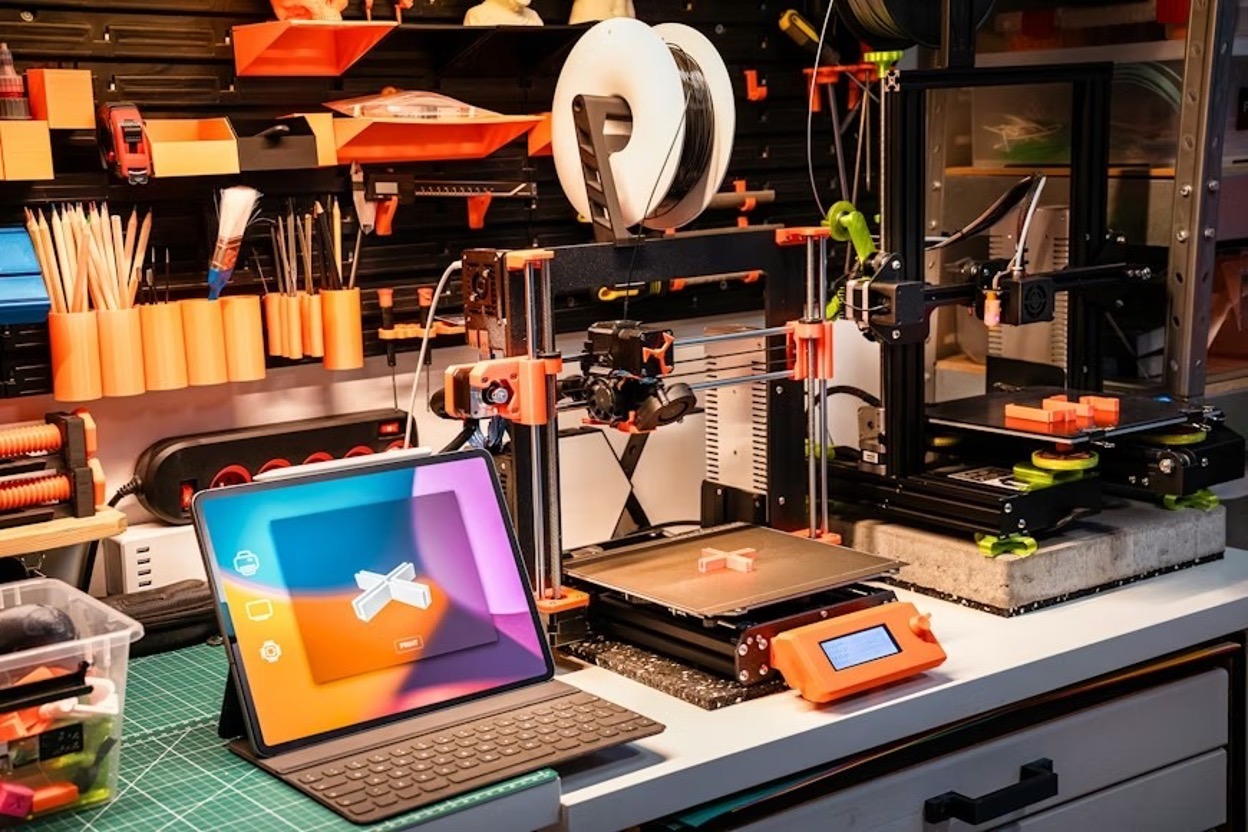A workspace showing a laptop working on a 3D prototype with a 3D printer beside it.