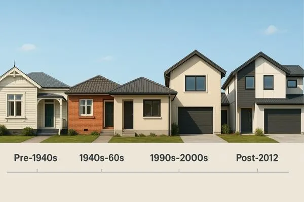 Timeline of New Zealand houses by era, showing a 1920s villa, 1950s brick state house, 1980s plaster-clad home, 2000s townhouse, and a modern post-2012 build, set under a clear sky