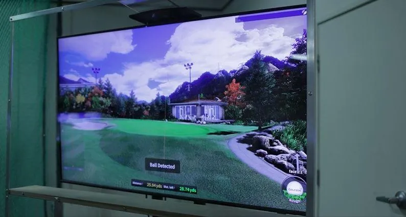 "Screen displaying indoor golf simulation software with a virtual golf course and player's swing analysis.