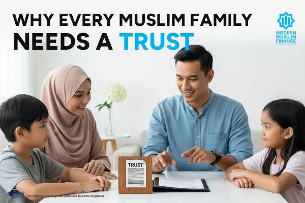 A Muslim family, including parents and children, gathered together in a modern, well-lit living room, appearing at ease and secure. The father is holding some documents while the mother is smiling. The overall scene suggests a sense of peace and a well-prepared future.