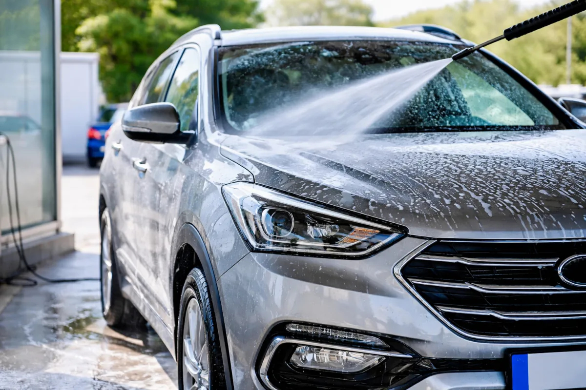• Clean vehicle surface after a professional wash, reflecting care and maintenance