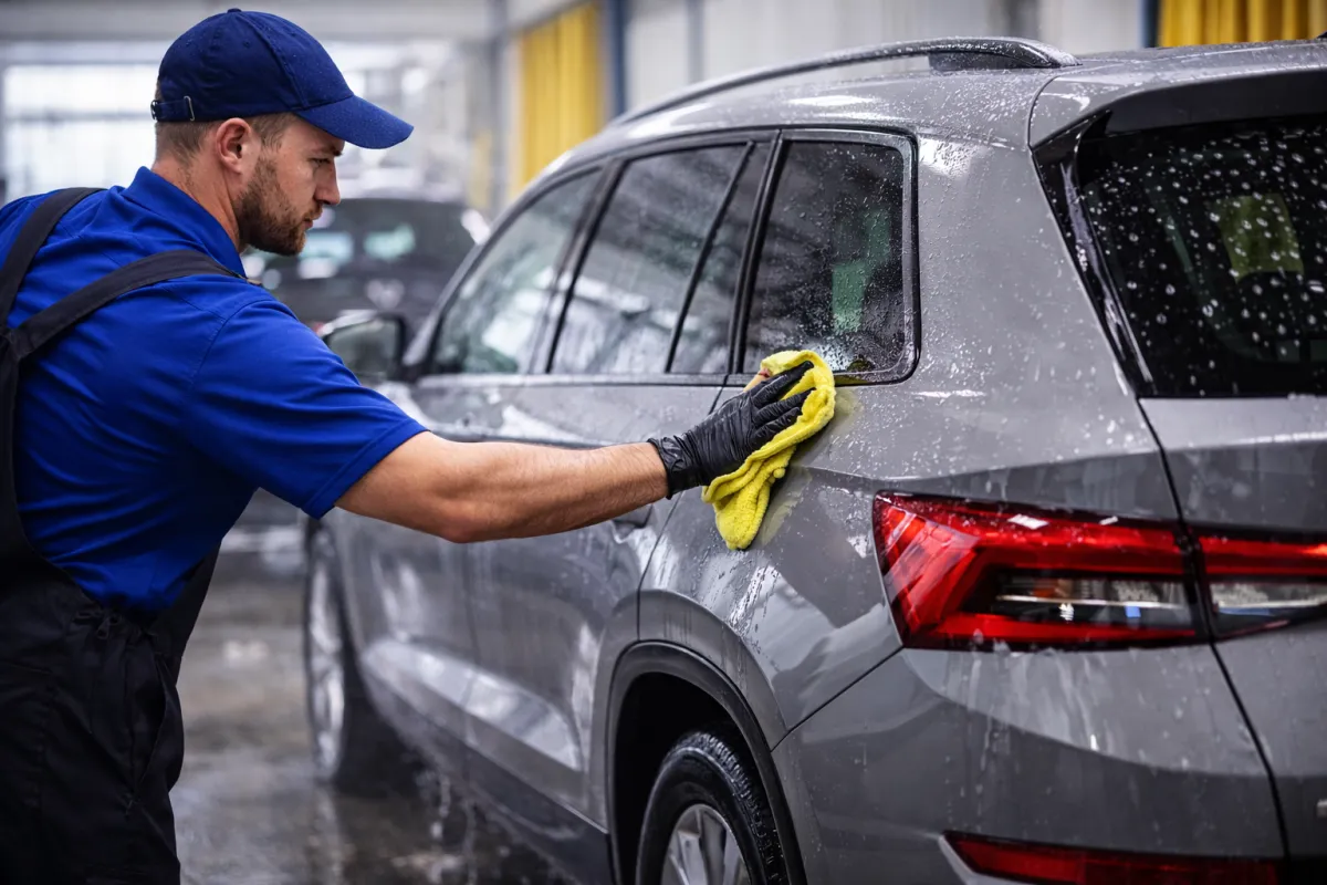 Car wash technician carefully wiping down a freshly cleaned vehicle exterior