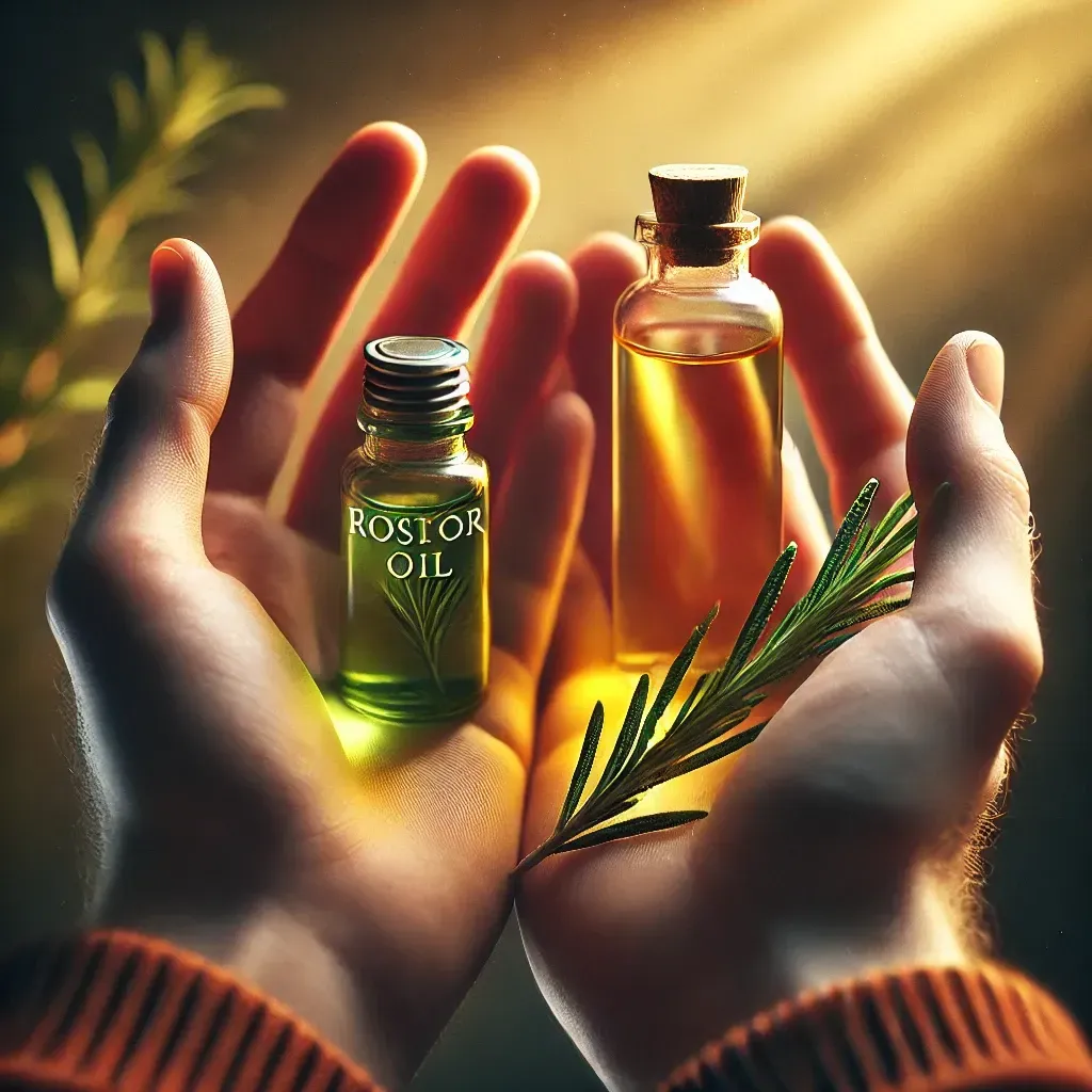 Glass dropper bottles with rosemary sprigs and jojoba oil, set on a rustic table with handmade beauty products.